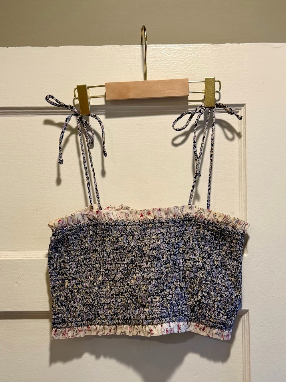 Maje Floral Smocked Crop Top - Blue and Cream